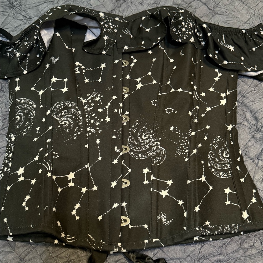 Corset Story Black Constellation Print Overbust Corset UK10 Gothic Steampunk Top